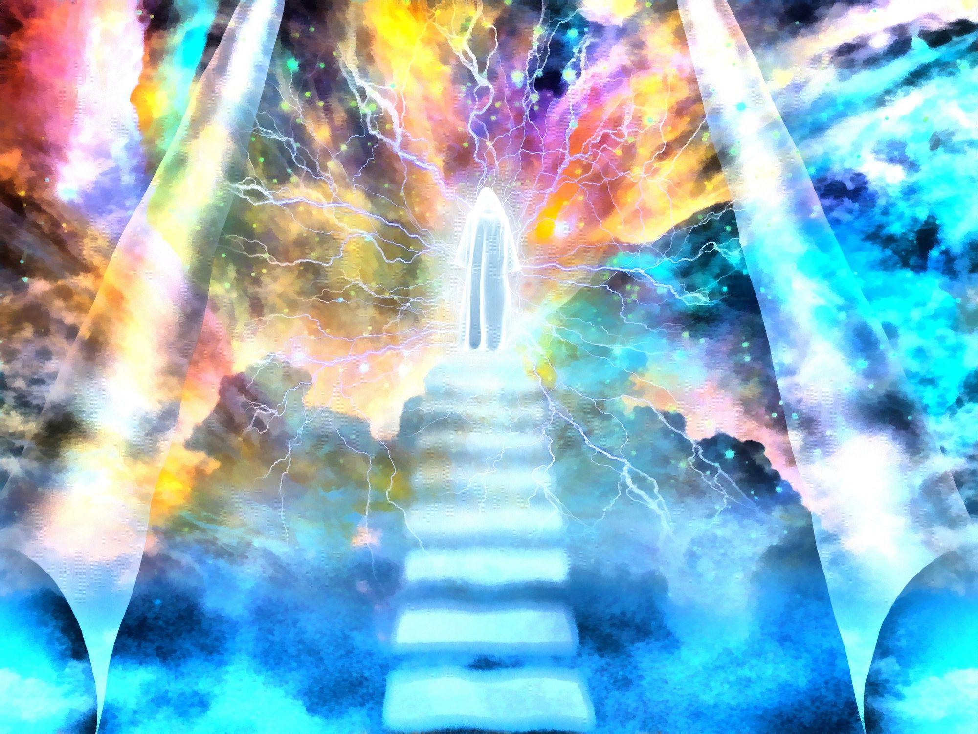 A stairway rising toward soft light